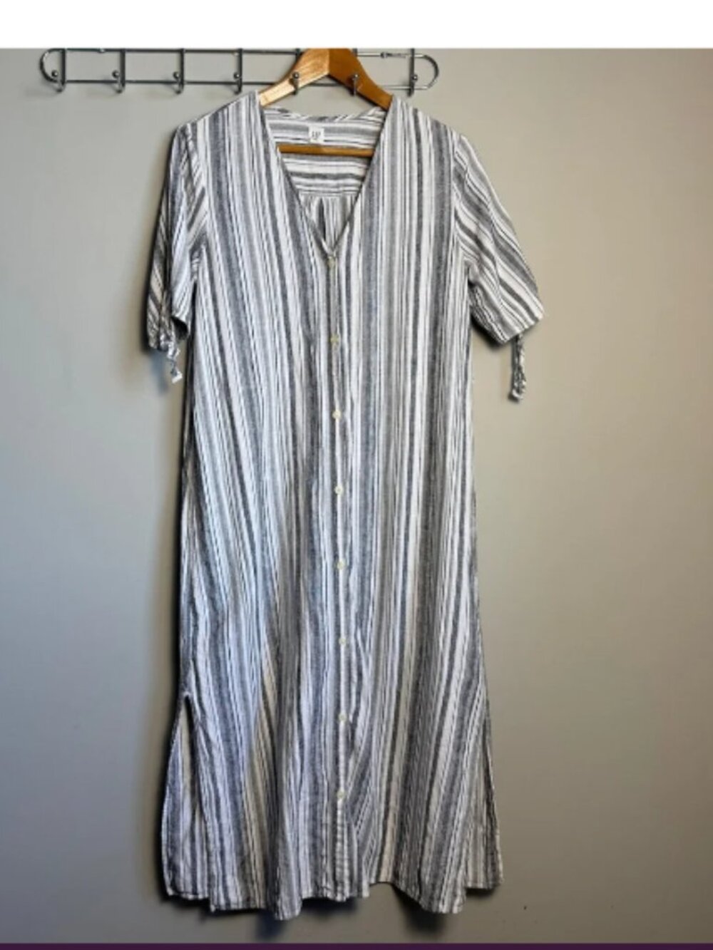 VINTAGE🌞GAP Long Striped Button Front Linen Shirt Dress Short Sleeve Size M